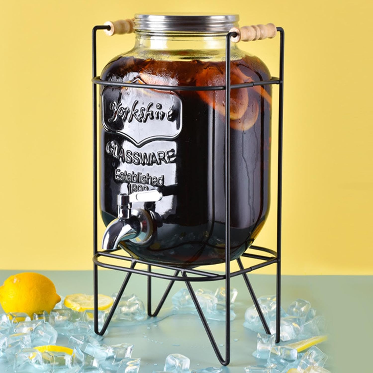 Glass Drinks Dispenser with Stand - 4L Glass Drink Container with Tap | Vintage Glass Water Dispenser for Juices, Cocktails, Lemonade & Water | Cold Kettle Drinking Fountain