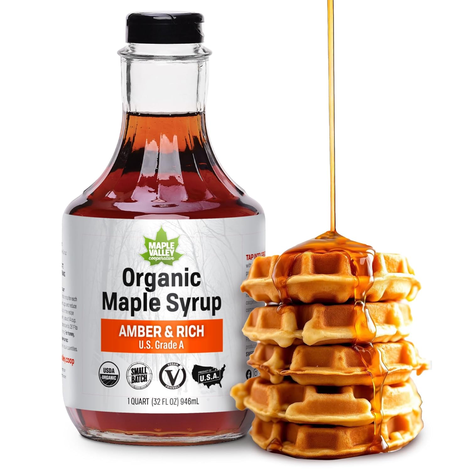 Maple Valley Organic Pure Maple Syrup, Amber and Rich, Better Than Pancake Syrup, Use for Coffee or All-Natural Sugar Substitute in Cooking and Baking (32oz Glass Bottle)
