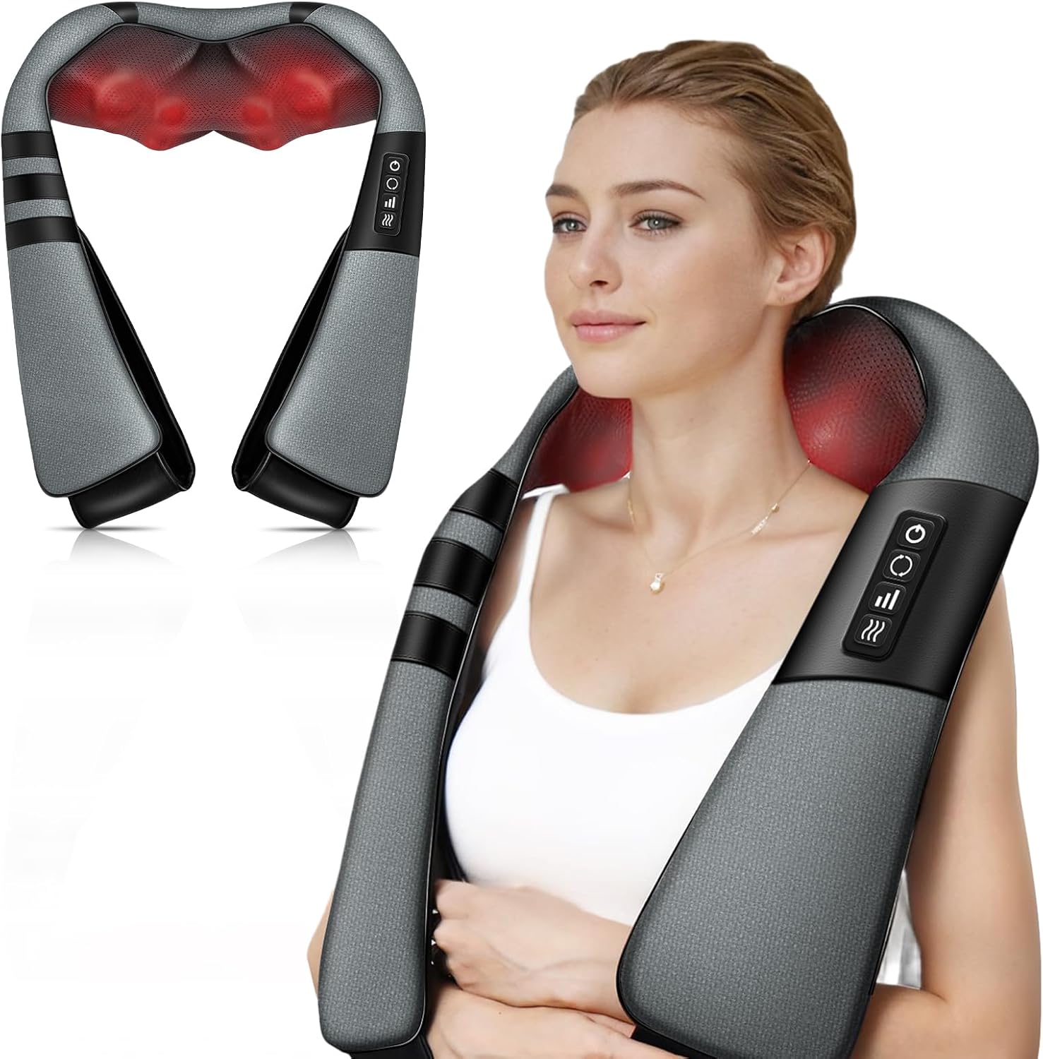 WERTYI Neck and Shoulder Massager with Heat, Deep Tissue Shiatsu 3D Kneading Massager for Neck, Back, Waist and Leg, at Home and Car, Gifts for Women/Men/Mom/Dad (Grey)