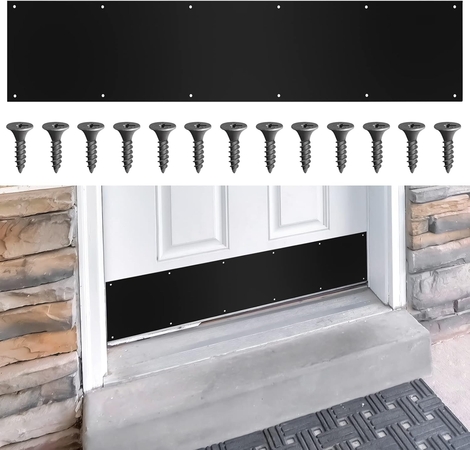 Dunzy Door Kick Plate with Black Screws Thickness Satin Aluminum Door Push Plate Polished Metal Kickplate for Protection, Black Color(1 Pcs,8'' x 34'')