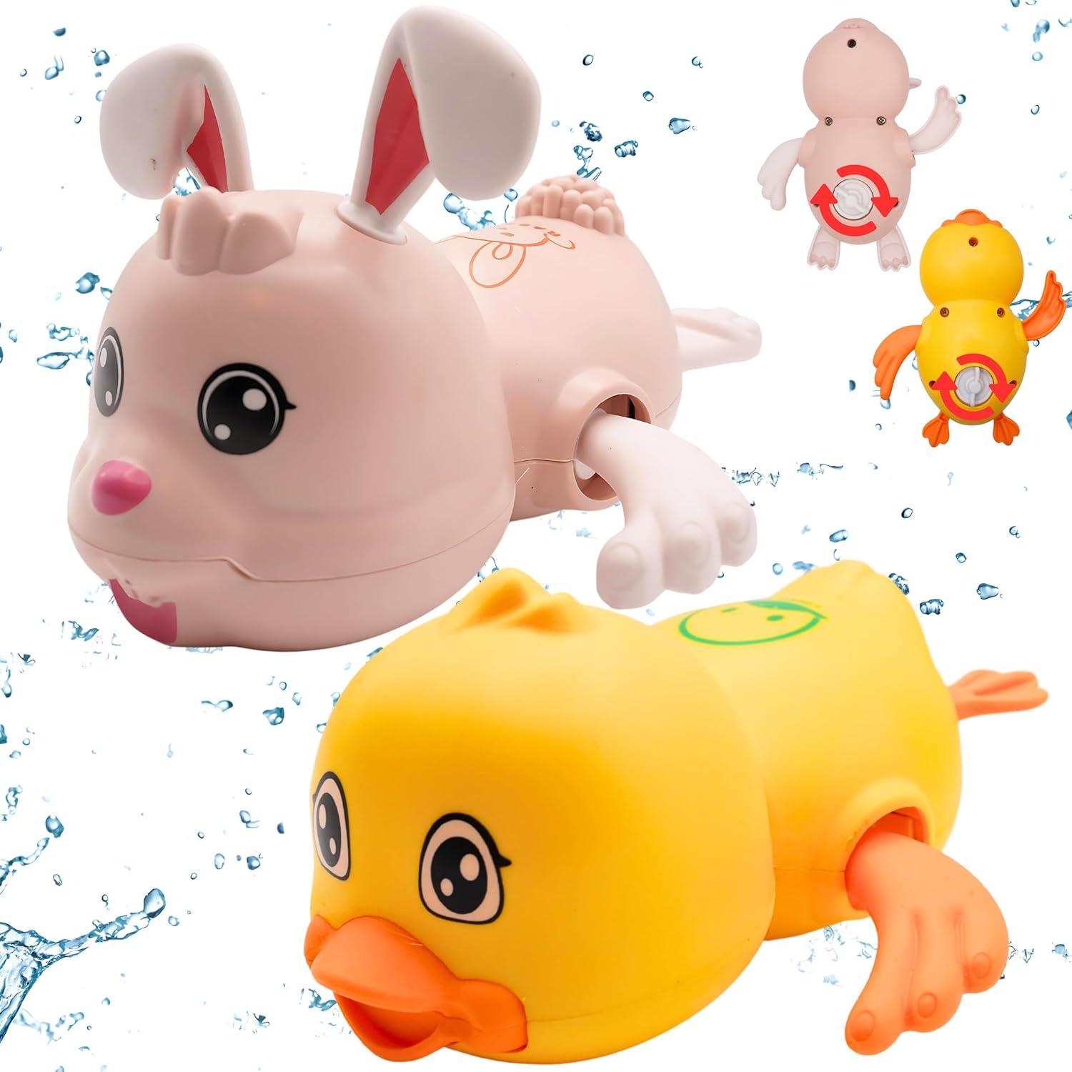Kids Wind-Up Animal Bath Toys Set, Fun Swimming Friends for Bathtime Play,Safe & Durable Baby Bathing Toy Set for Toddler Girls Boys Bath-time Rabbit -(Pink) & Duck(Yellow)-2pcs