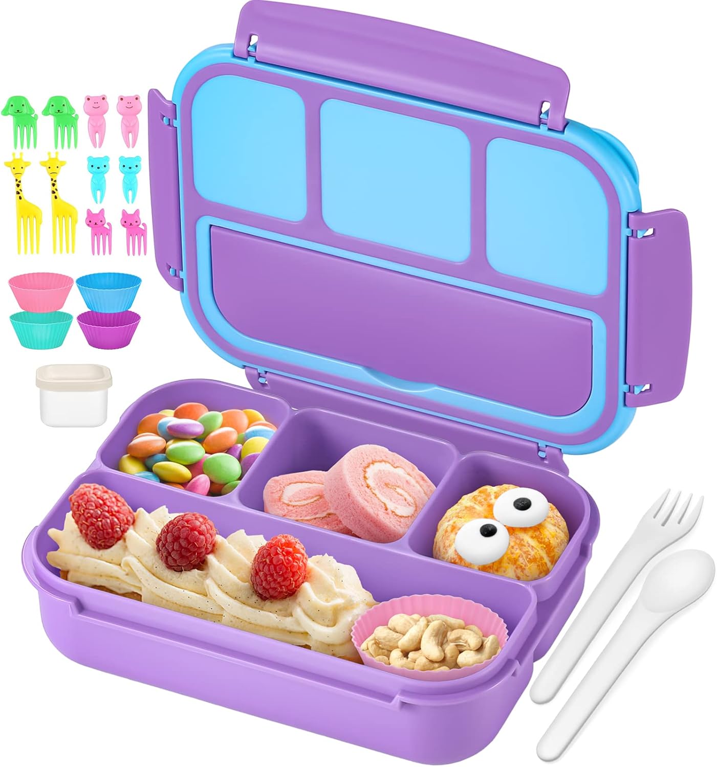 QQKO Bento Lunch Box for Kids Girls Boys, Toddler Kids Lunch Boxes for School, Lunch Containers for Adults with 4 Compartments, Sauce Container, Utensils, Food Picks and Muffin Cups, Purple