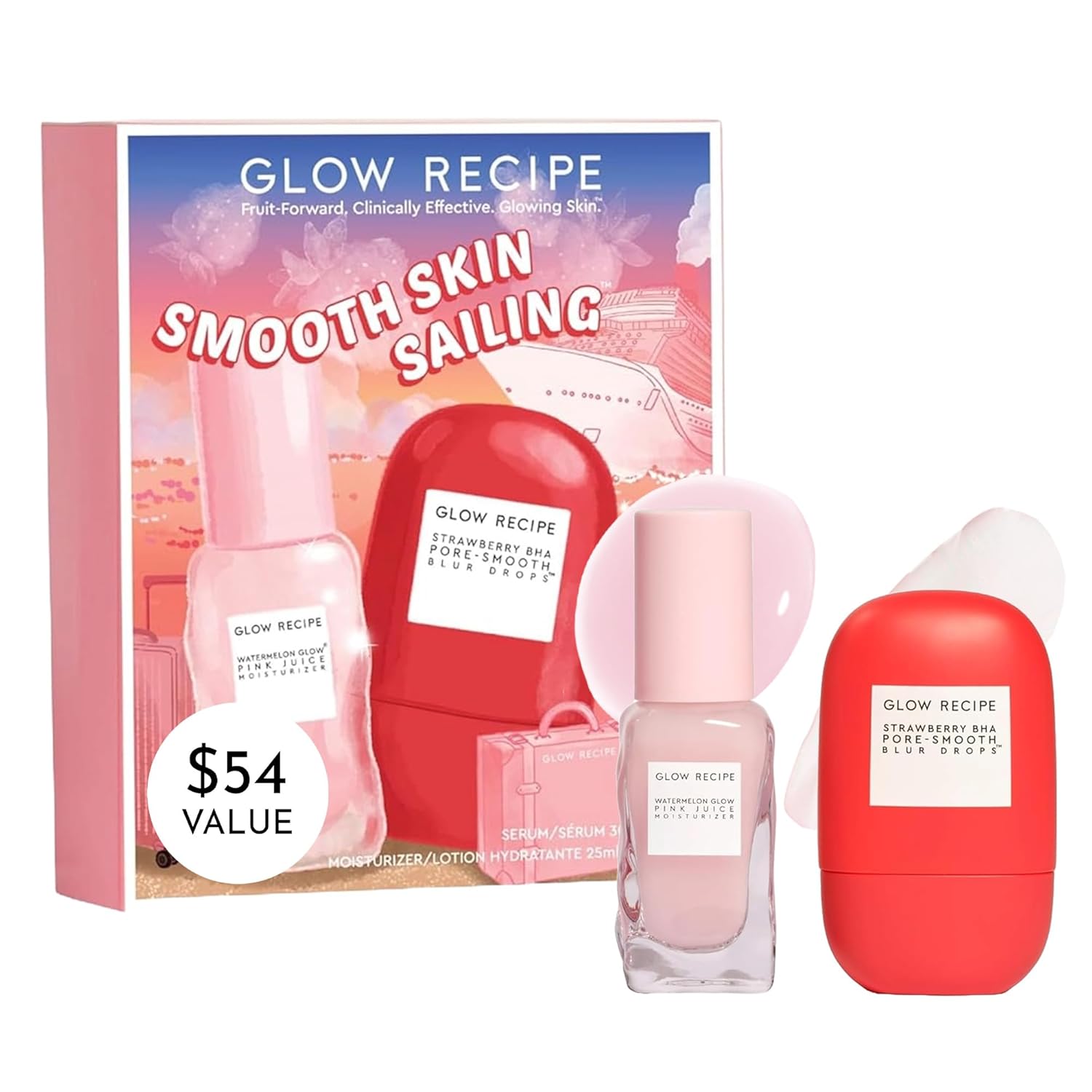 Glow Recipe Smooth Skin Sailing Skincare Set - Watermelon Glow Pink Juice Facial Moisturizer + Silicone-Free BHA Strawberry Pore Minimizer Blurring Drops (2 Count)