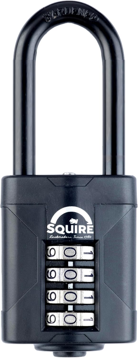 Squire Heavy Duty Padlock (CP50BLACK/2.5)- Hardened Steel 2.5 Extra Long Shackle-4 Wheel 50mm Wide Combination Padlock (Black) - Corrosion Resistance - Weatherproof
