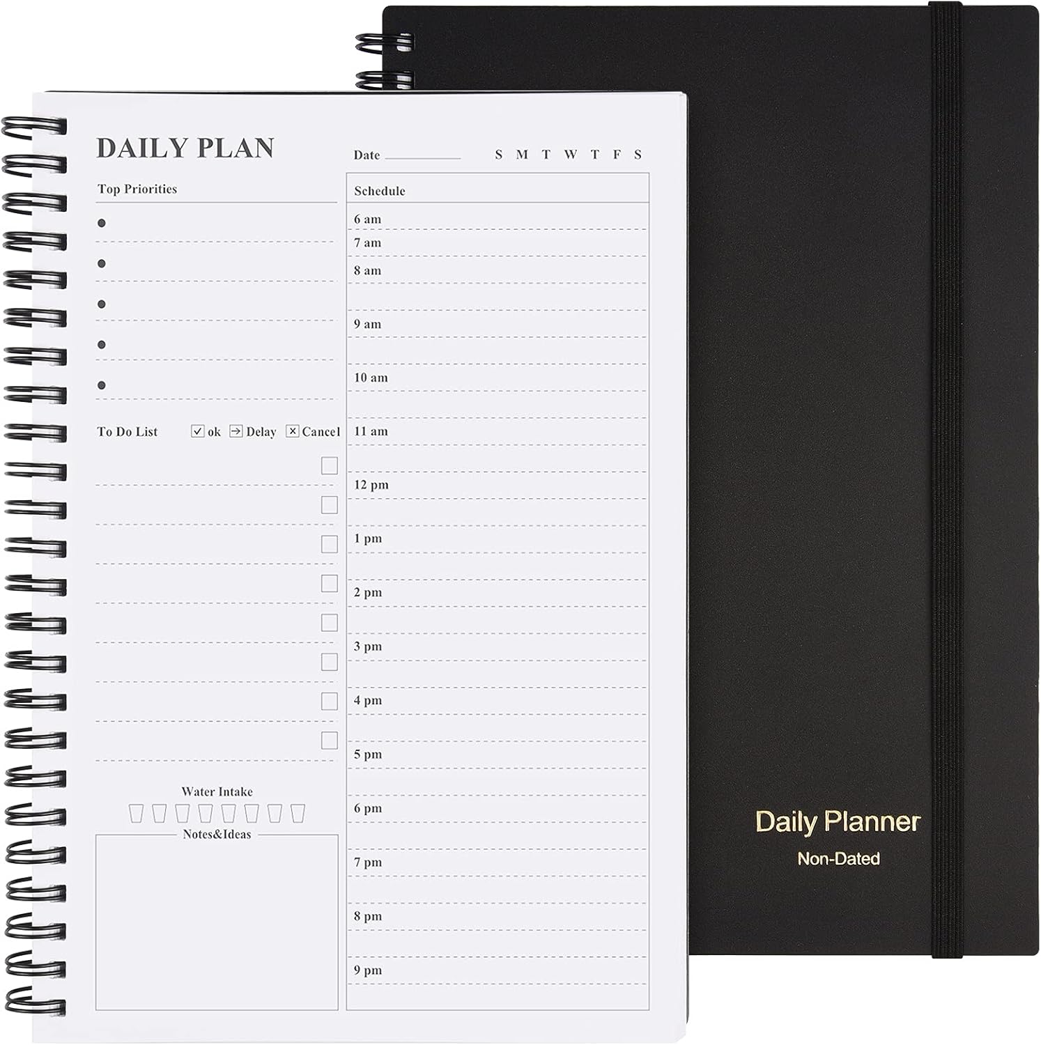Daily Planner Undated, Asten to Do List Notebook Hourly Schedules Spiral Appointment Planner for Men and Women,PVC Hardcover,Elastic Closure, Inner Pocket 14.7 x 21.2cm (Black)