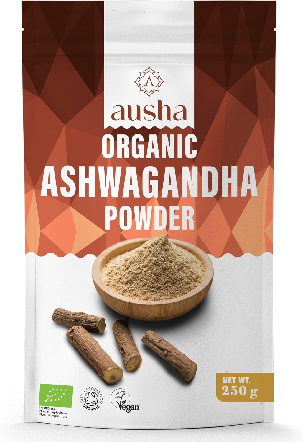 Ausha Organic Ashwagandha Powder 100g - UK Certified Organic by Soil Association - for Stress and Anxiety Relief, Energy, Sleep Aid - Indian Gingeng - Add to Smoothies, Juices, Porridge