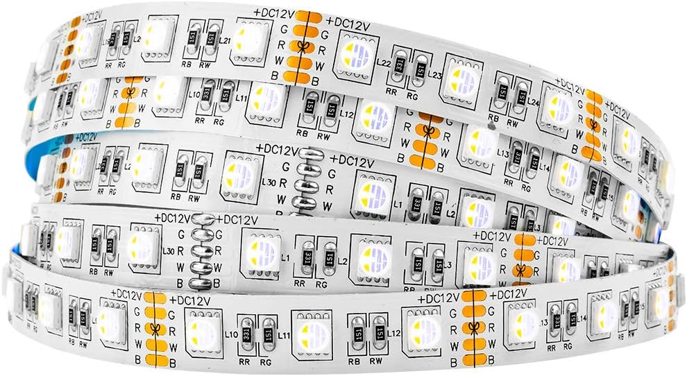 BTF-LIGHTING 5050 RGBW RGB+Warm White(2700K-3000K) 4 Colors in 1 LED Tape Light DC12V 5m 16.4ft 60LED/m Multi-Colored IP30 White 12mm PCB for Bedroom Kitchen Home Decoration(No Adapter or Controller)