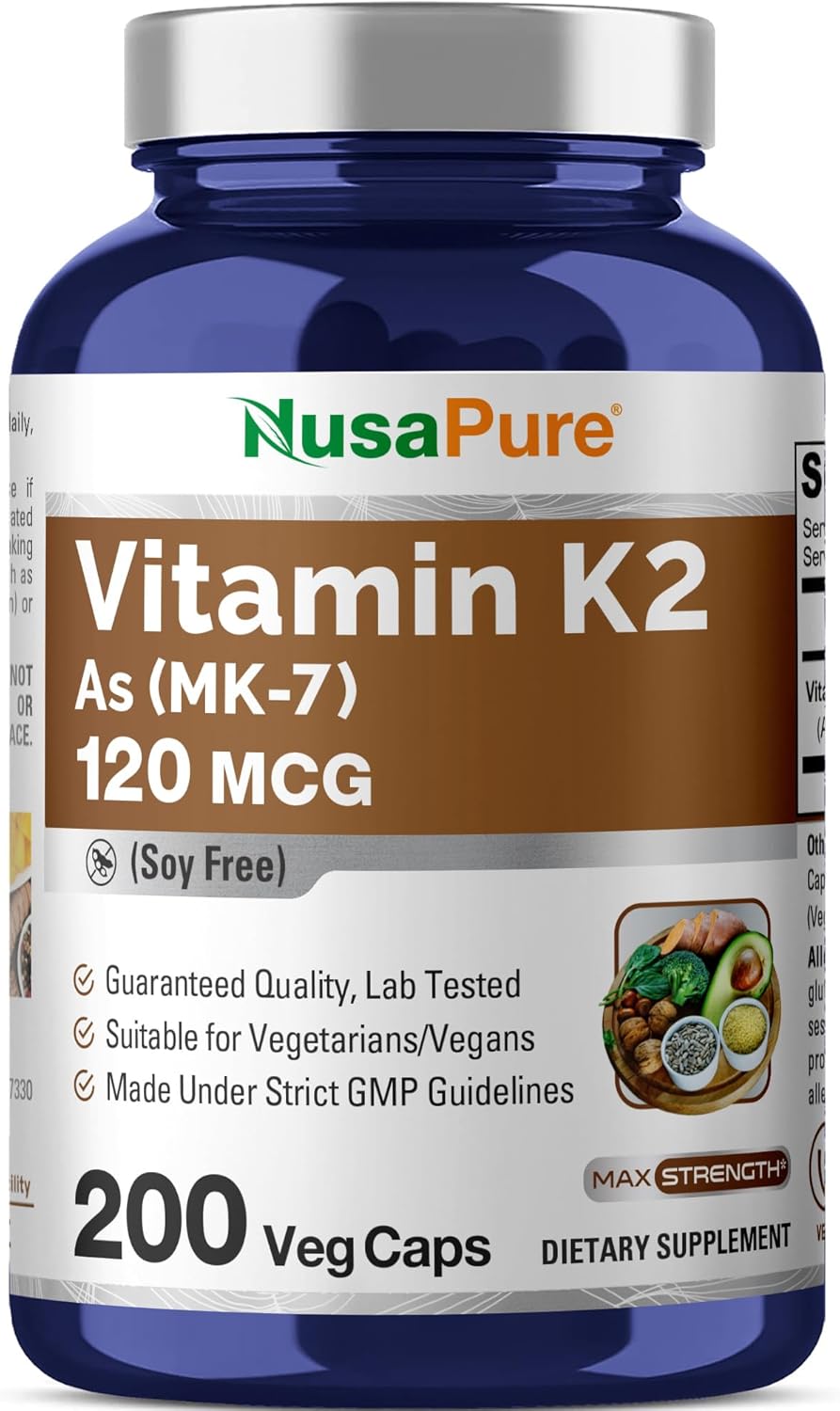 NusaPure Vitamin K2 MK7 120 mcg 200 Veggie Caps (Soy Free, Non-GMO, Vegan)