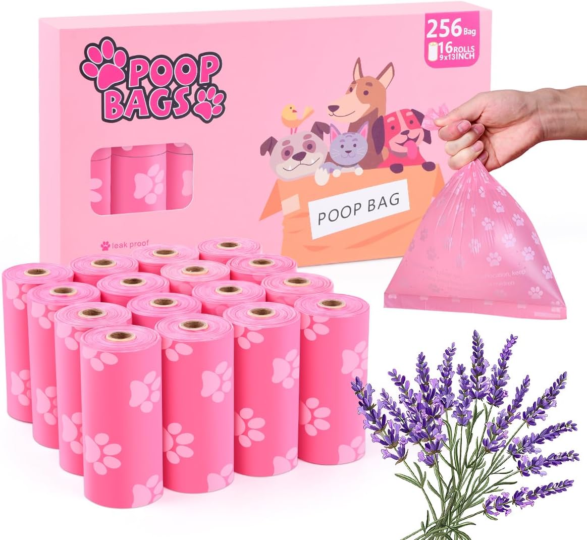 Ninsetinsoe Poop Bags Rolls 256 Count - 9x13 Inches Pink Thickened Leakproof Lavender scent Poo Bags for Dogs, Eco-Friendly Pet Waste Bags for Walking, Home, Travel