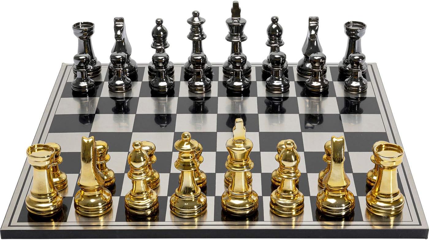 Kare Design Deco Object Chess, nickel/gold, chessboard with game pieces, metallic look, base: steel, MDF lacquered, object: polyresin, chess set for adults, 60x60x5cm (H/W/D)