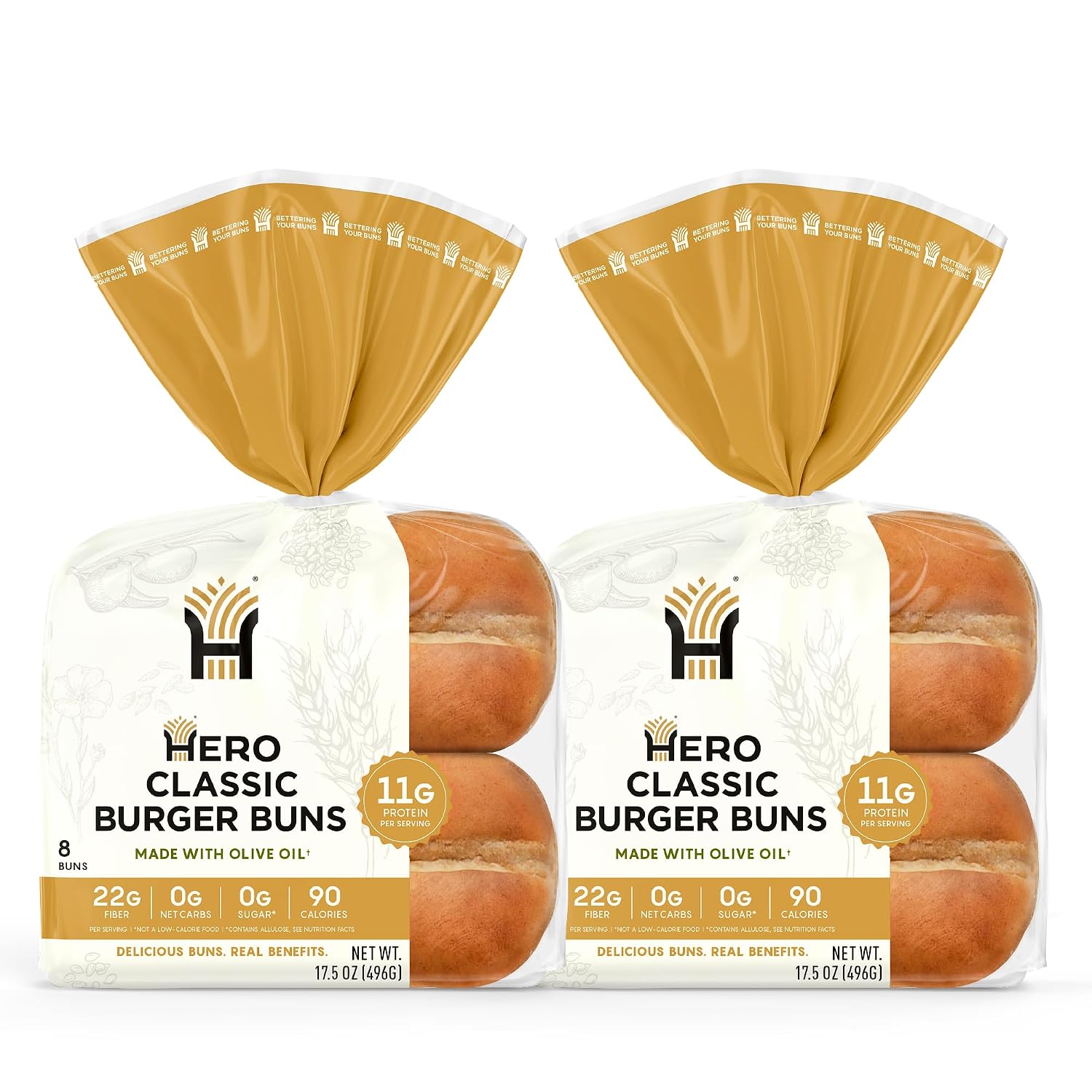 Hero Classic Hamburger Buns - Burger Buns | Net Low Carb Buns | High Fiber, 1g Net Carbs, 0g Sugar & 90 Calories Per Serving Burger Rolls (16 Buns, Pack of 2)