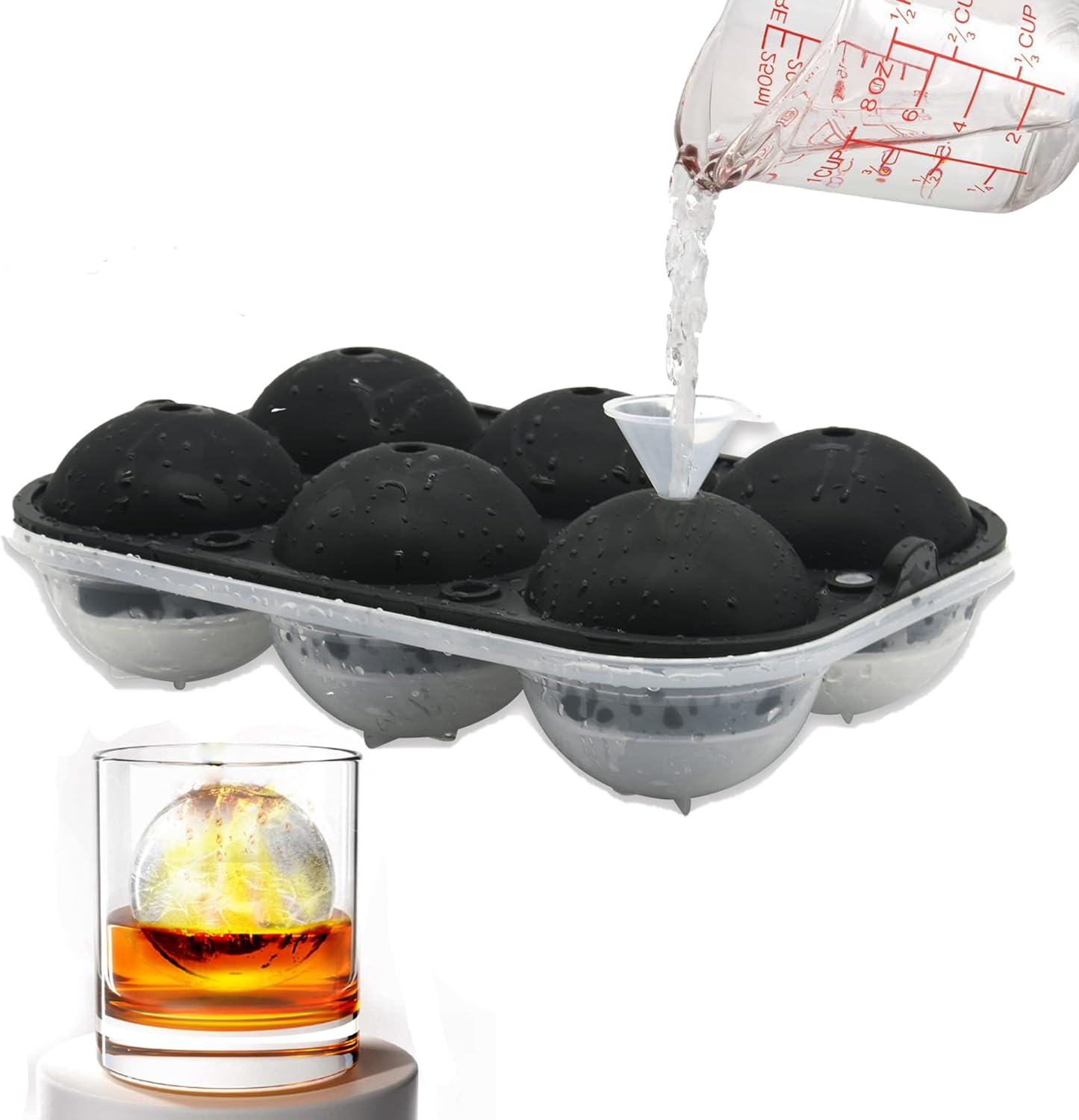 Silicone Ice Ball Maker Moulds XL, 6cm(2.3inch) Sphere Ice Cube Mold with Lid - Great for Jelly Milk Juice Chocolate Moulds or Cocktails Whiskey & Plastic Funnel (6) Black Large Ice Ball Mould