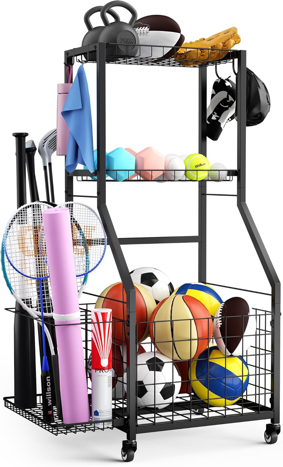 Sports Equipment Garage Organizer,Garage Ball Storage Rack for Sports with Wheels-Upgraded 3 Layers Sports Organizer Rack Outdoor Basketball Racks for Balls with Holder and Hooks