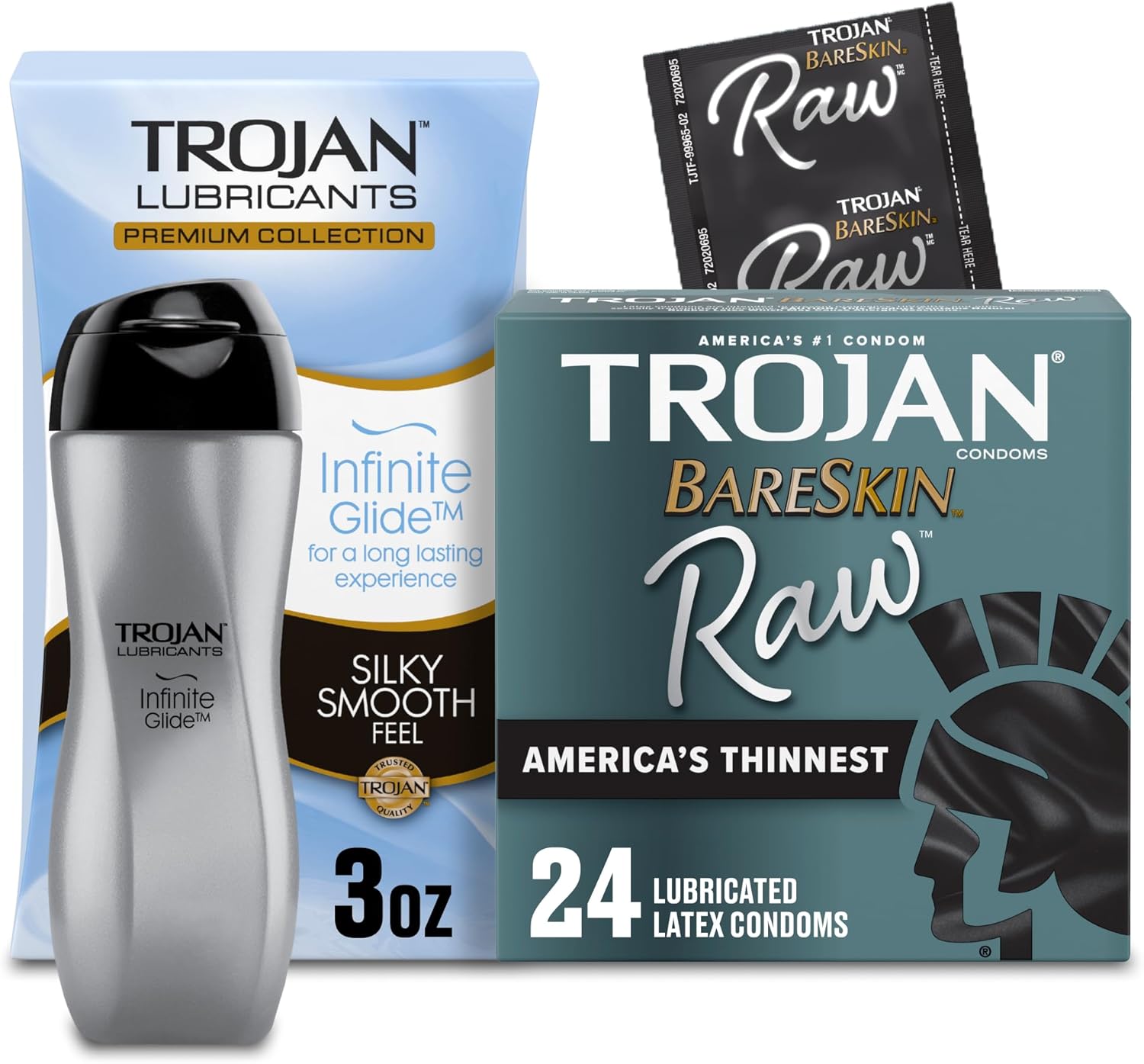 Bundle of TROJAN BareSkin Raw Thin Condoms, Lubricated Condoms for Men, America’s Number One Condom Brand, 24 Count Pack + Trojan Infinite Glide Personal Lubricant, 3 fl oz.