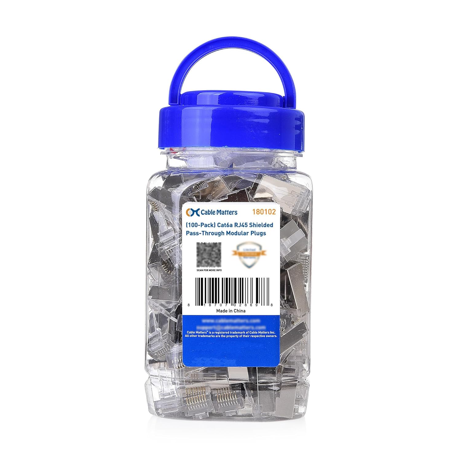 Cable Matters 100-Pack Cat 6A Shielded Pass Through RJ45 Connectors (Cat 6A Ends / Cat6A Connector / RJ45 Modular Plugs/Ethernet Plugs/Network Connector) for Solid or Stranded S/FTP Ethernet Cable