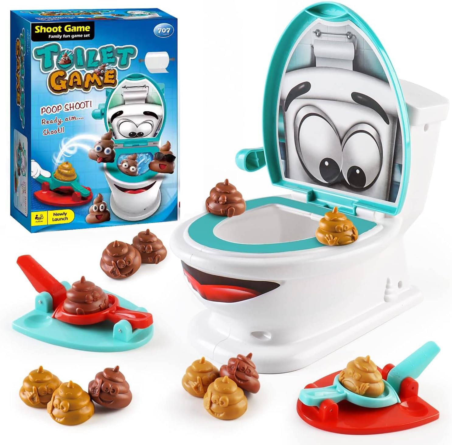 Poop Shoot Game Poo Toilet Game Toy with 12 Fake Poo, 2 Launchers,1 Sticker, Pranks Board Games for Kids, Funny Novelty Easter Gifts for Kids, Family Party Games