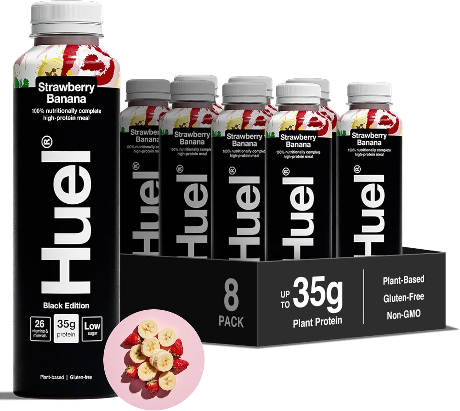 Huel Black Edition Ready-to-drink, 8 x 500ml Bottles, Protein Shakes, Strawberry Banana Flavour, High Protein Drink, 35g Protein Per Bottle, Rich in Vitamin D, Fatty Acids, Calcium, Ready Meals