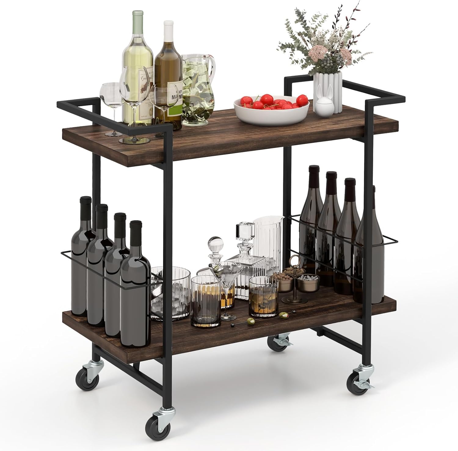 GiantexUK 2-Tier Industrial Serving Trolley, Metal Frame Home Bar Cart with 4 Universal Wheels, Wine Holders & Handles, Rolling Drinks Trolley Storage Organizer Unit for Dining Living Room Pub