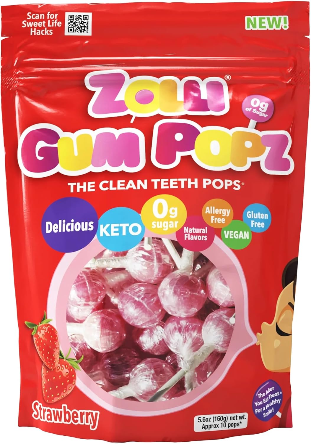 Zollipops The Clean Teeth Pops, Anti Cavity Lollipops, Strawberry Gum Popz, 5.6 ounces, 10 Count