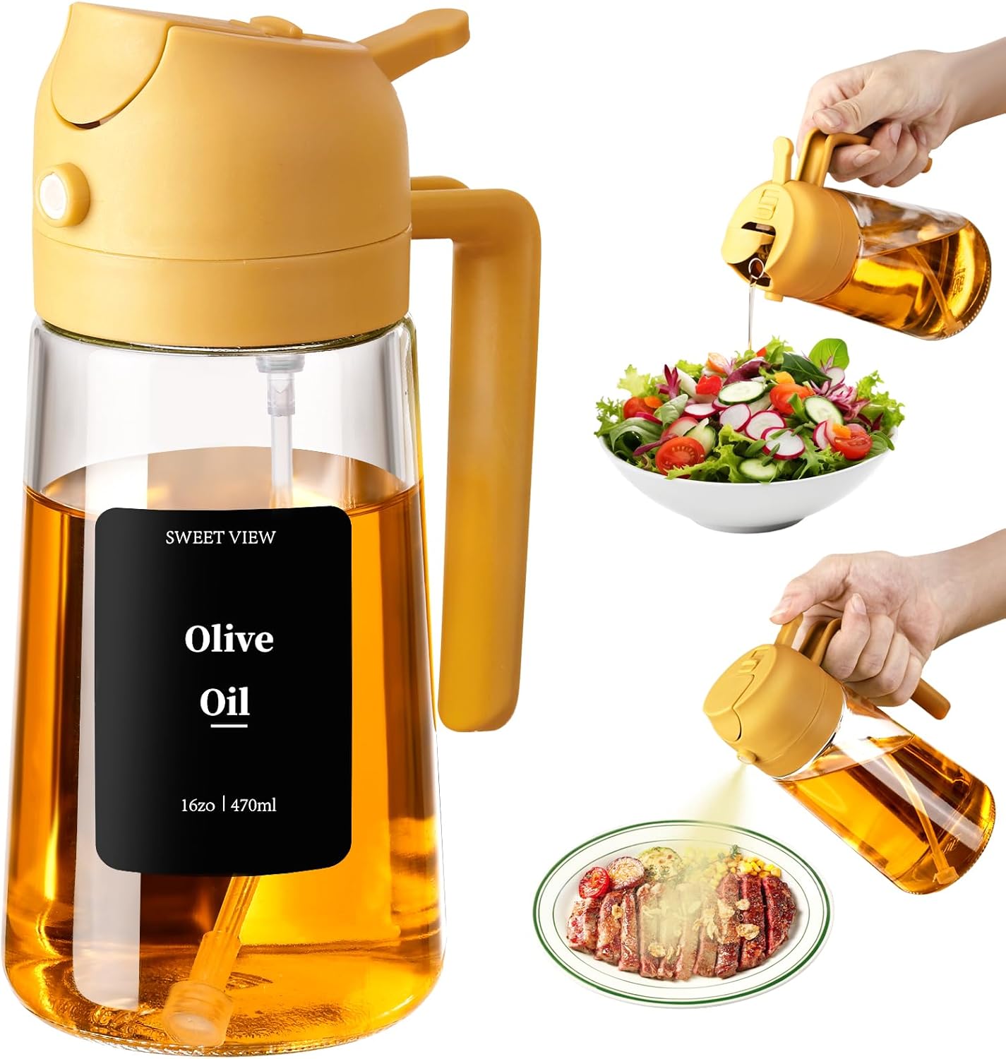 Oil Sprayer for Cooking, 470ml 2 In 1 Glass Olive Oil Sprayr & pourer for Kitchen, Air Fryer, Cooking, Salad, BBQ (Yellow)