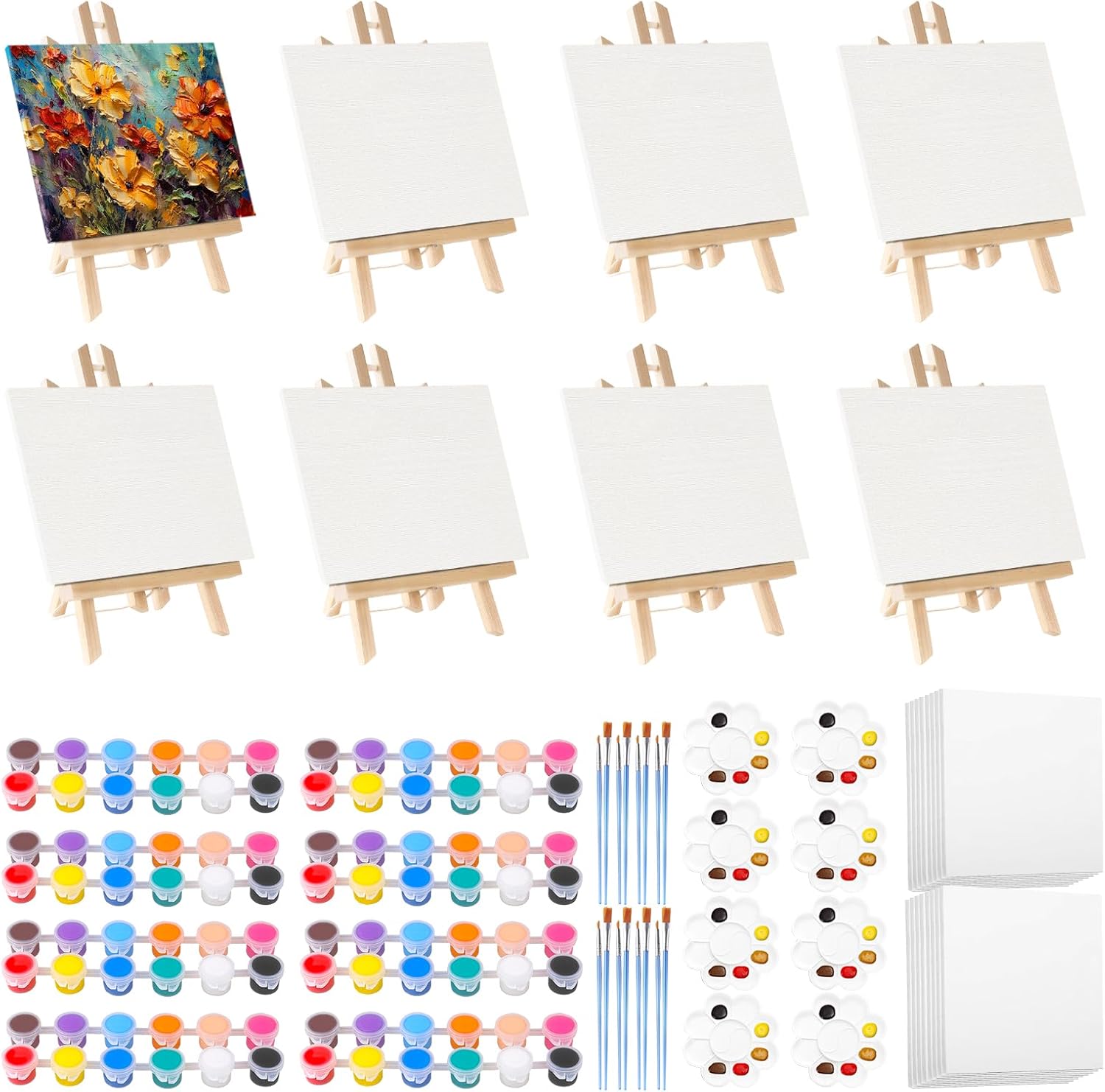 16 Pack 8 * 10In Canvas Boards for Painting with 8 PCS 11.8In Wood Easels & 16 Brushes & 8 Paint Trays & 16 Acrylic Paint, Mini Painting Canvas with Easel Set, Painting Kits for Adults & Kids Party