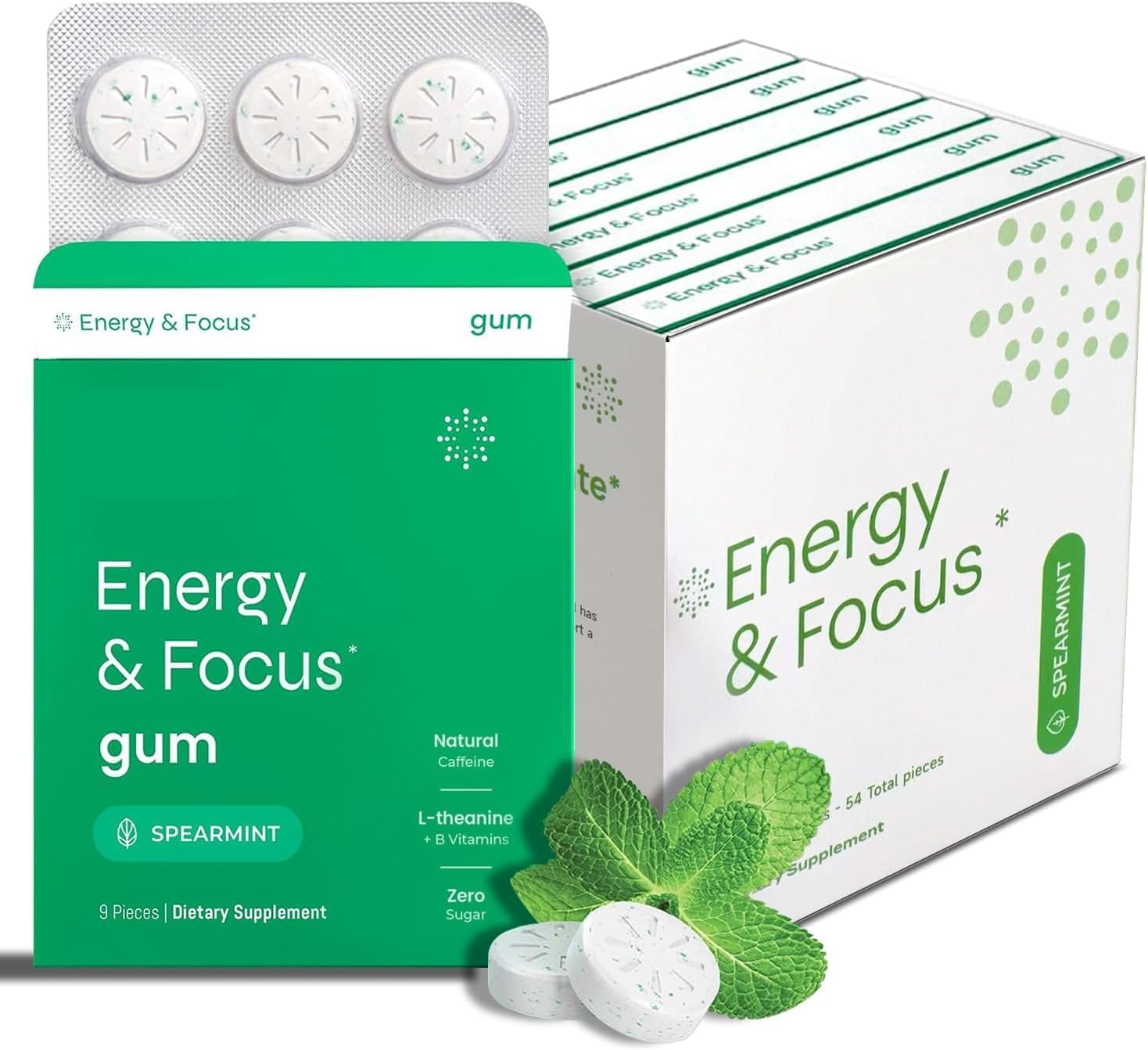 Energy Caffeine Gum (54 Pieces) - Sugar Free with L-theanine + Natural Caffeine + Vitamin B12 & B6 - Nootropic Energy & Focus Supplement for Women & Men - Keto & Vegan, Spearmint Flavor