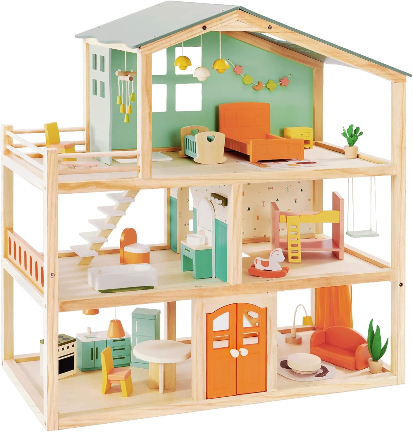 Large Wooden Dollhouse with 32 Pcs Furniture Accessories, 3-Story Doll House 5 Rooms Balcony Wooden Stairs, Ideal Dollhouse Playset Toy for Kids Ages 3+, 30" x 28" x 13"
