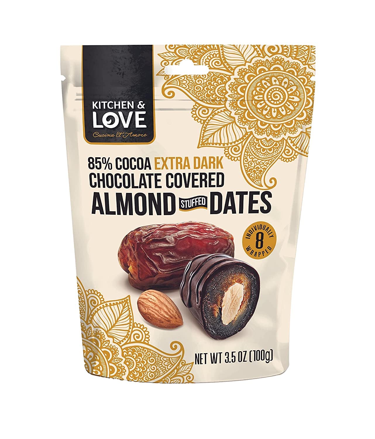 Kitchen & Love Chocolate Covered Almond Stuffed Dates in a Convenient Resealable Pouch, 8 Individually Wrapped Pieces, 85% Extra Dark Chocolate, Healthy Snack, 3.5 oz, Pack of 1