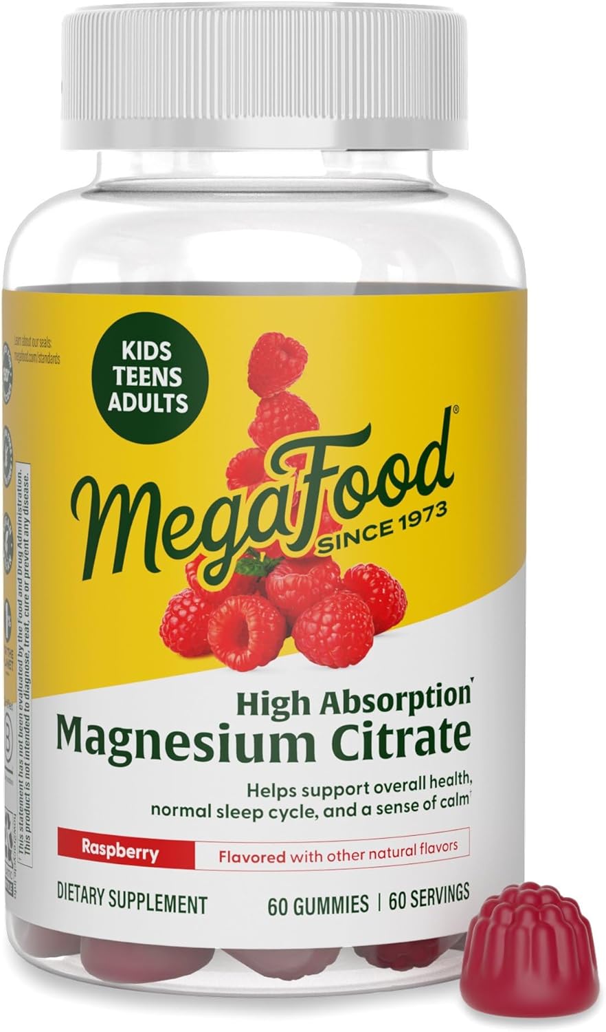 MegaFood Magnesium Citrate Gummies, High Absorption Magnesium Supplement for Adults, Teens & Kids, Supports Nerve Health, Normal Sleep Cycle & Occasional Muscle Cramps, 60 Vegan Gummies, 60 Servings