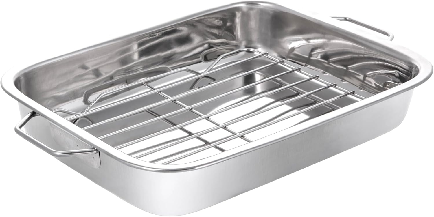 Stainless Steel Roaster and Rack 40cm Large Roasting Pan, Oven Safe, Heavy-Duty Handles, 6.5cm Deep – Durable Bakeware for Meats & Vegetables, Dishwasher Safe