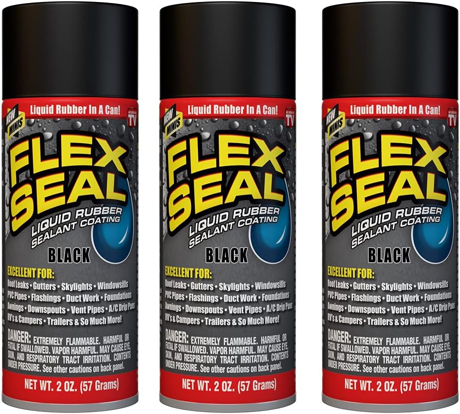 Flex Seal Mini, 3-Pack, Black, Stop Leaks Instantly, Waterproof Rubber Spray On Sealant Coating, Travel Size, Perfect for Gutters, Wood, RV, Campers, Roof Repair, Skylights, Windows, and More