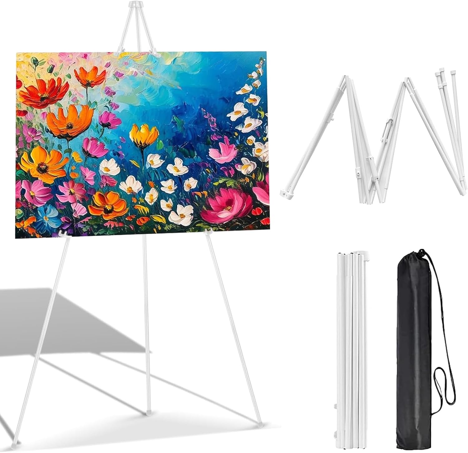 66 Inch White Easel Stand for Wedding Sign, Portable Artist Easel Stand Metal Floor Easel Stand Tripod, Thicken Display Easel Stand Adjustable Height from 15" to 66" for Posters (White)