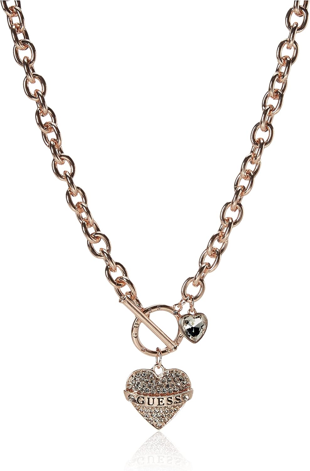 GUESS Women's Pave Heart with Logo Banner Pendant Toggle Necklace