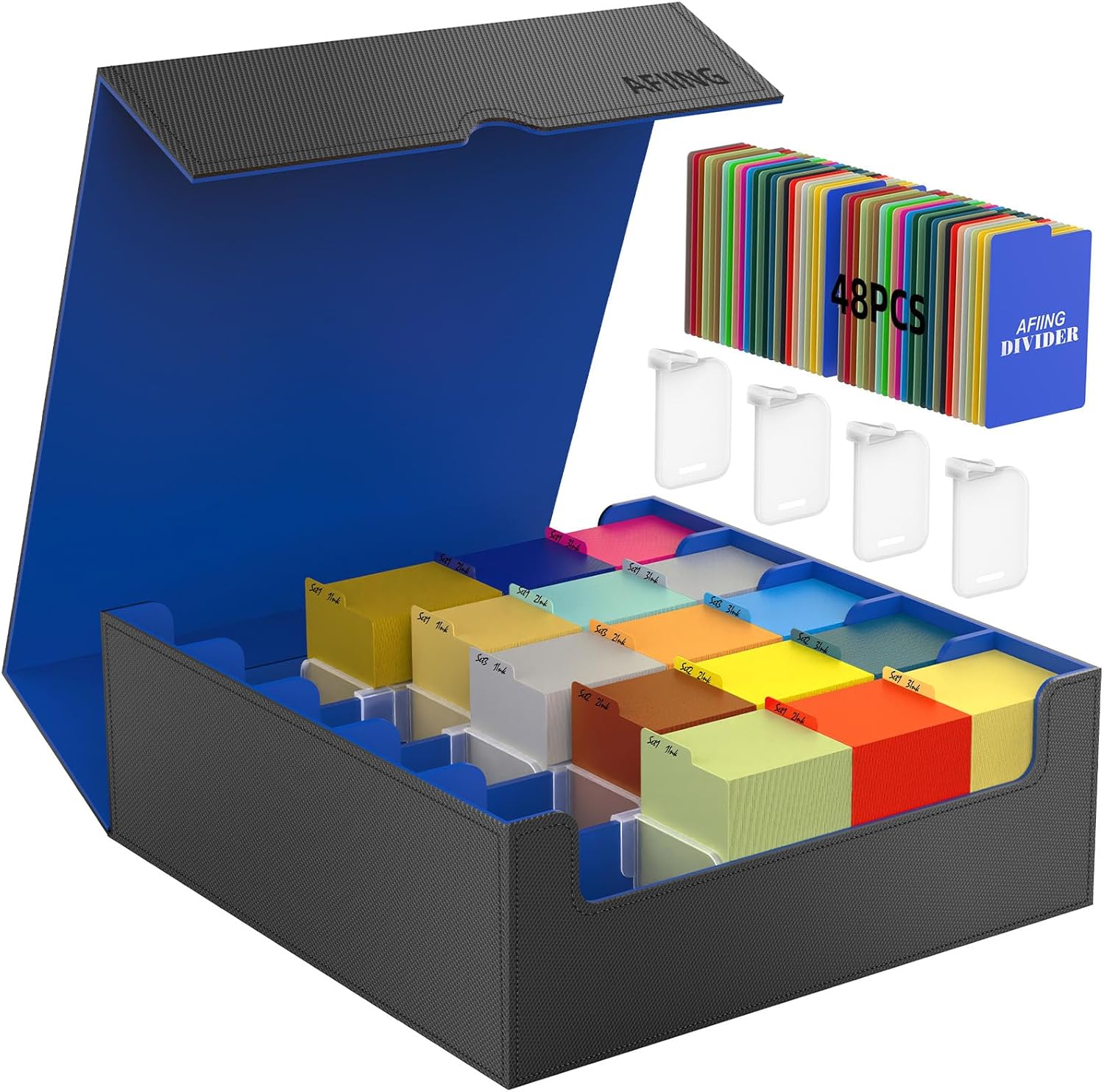 AFIING Trading Card Storage Box, MTG Deck Box with 48 Dividers & Supporters, Commander Card Deck Case Fits for Magic Game Cards, YugiOh, TCG, baseball and Sport Cards, Black Blue 3200+