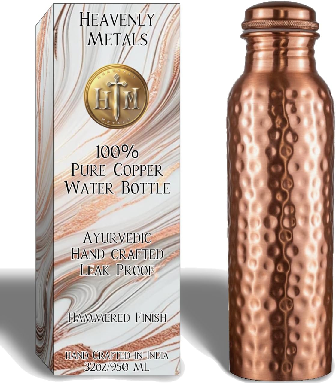 Heavenly Metals 32oz Pure Copper Water Bottle – Handcrafted Ayurvedic Copper Vessel w/Leak Proof Lid- 950ml Bottle (Hammered)