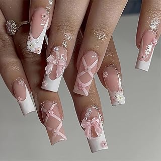 French Press on Nails Long, Fake Nails with Nail Glue, 3D Flower and Bow False Nail Tips Glue on Nails Artificial Nails Finger Manicure for Women 24 Pcs