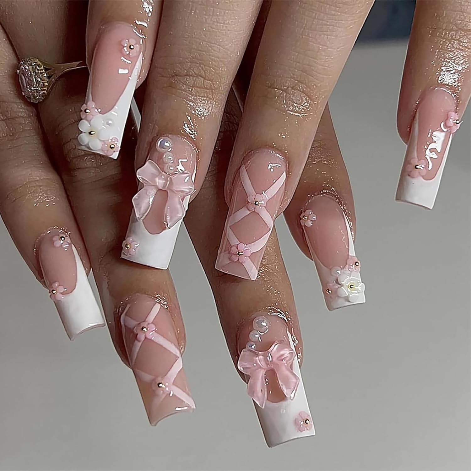 French Press on Nails Long, Fake Nails with Nail Glue, 3D Flower and Bow False Nail Tips Glue on Nails Artificial Nails Finger Manicure for Women 24 Pcs