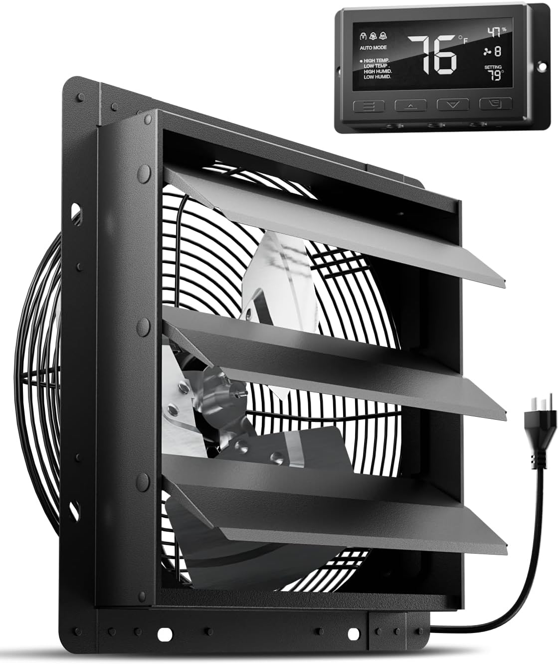 HG Power 12 Inch Attic Fan with Thermostat, 971 CFM Shutter Exhaust Fan with Smart Temperature Humidity Controller, Wall Mounted Greenhouse Fan with EC Motor for Garage, Shed Ventilation, Black