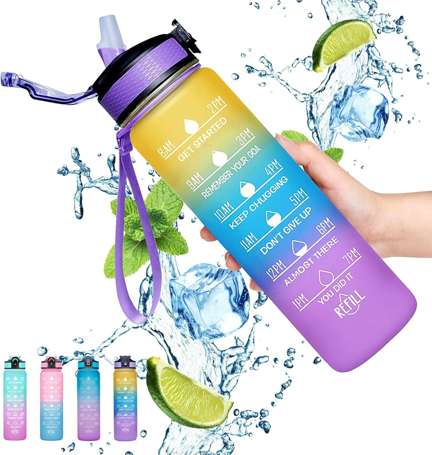 Gaiayhc Sports Water Bottle 1 L,Motivational with Time Marker and Straw,30oz Leakproof Design for Sports,Hiking,Gym,Fitness,Outdoor,Cycling,School & Office, Gradient Purple Blue