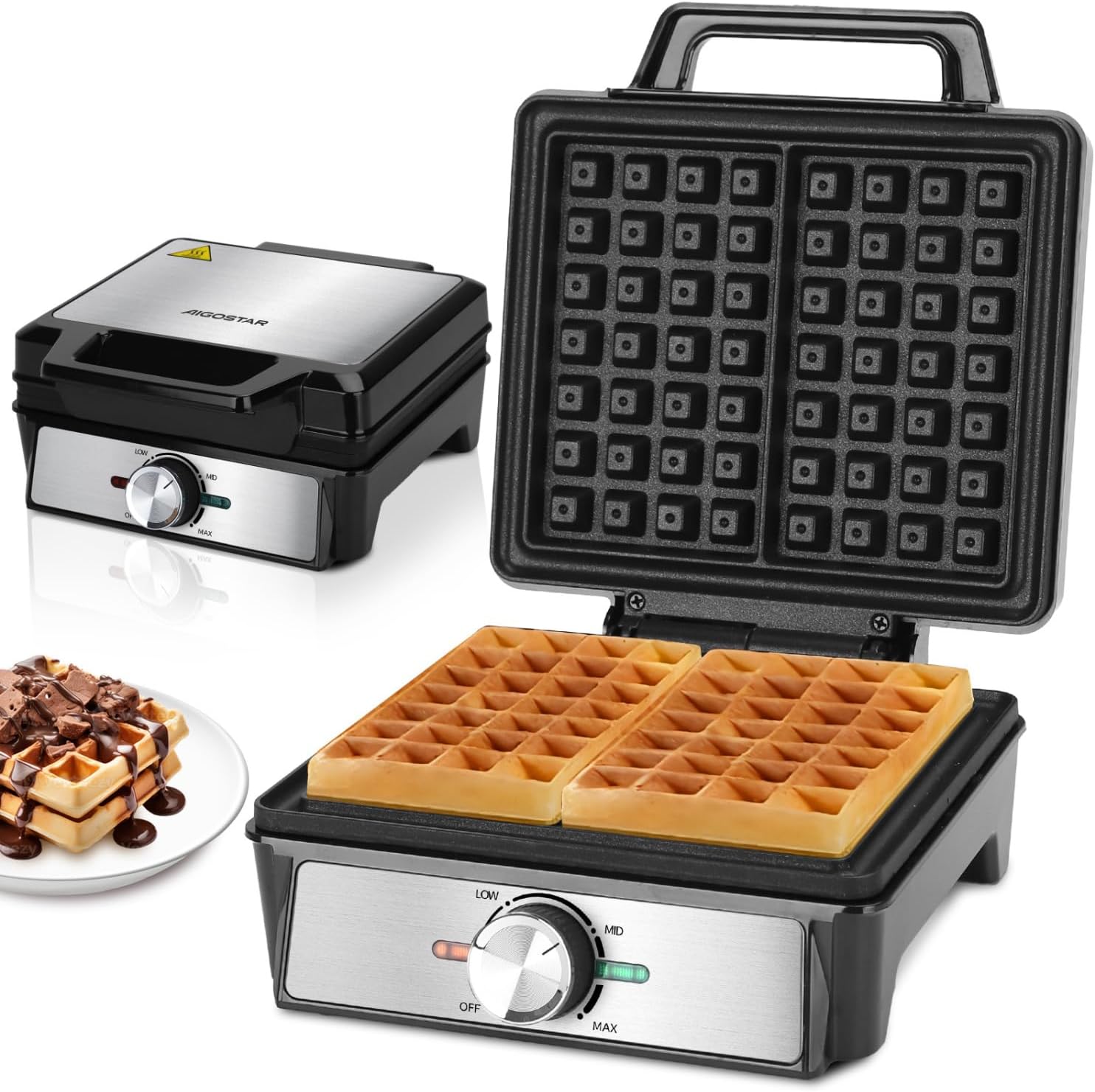 Aigostar Waffle Maker with Deep Fill Anti Spill Plates, 1600W Fast Cooking Waffle Iron with Adjustable Temperature Control, Non-Stick Coating, Cool Touch Handle, Belgian & American Waffles - Savory