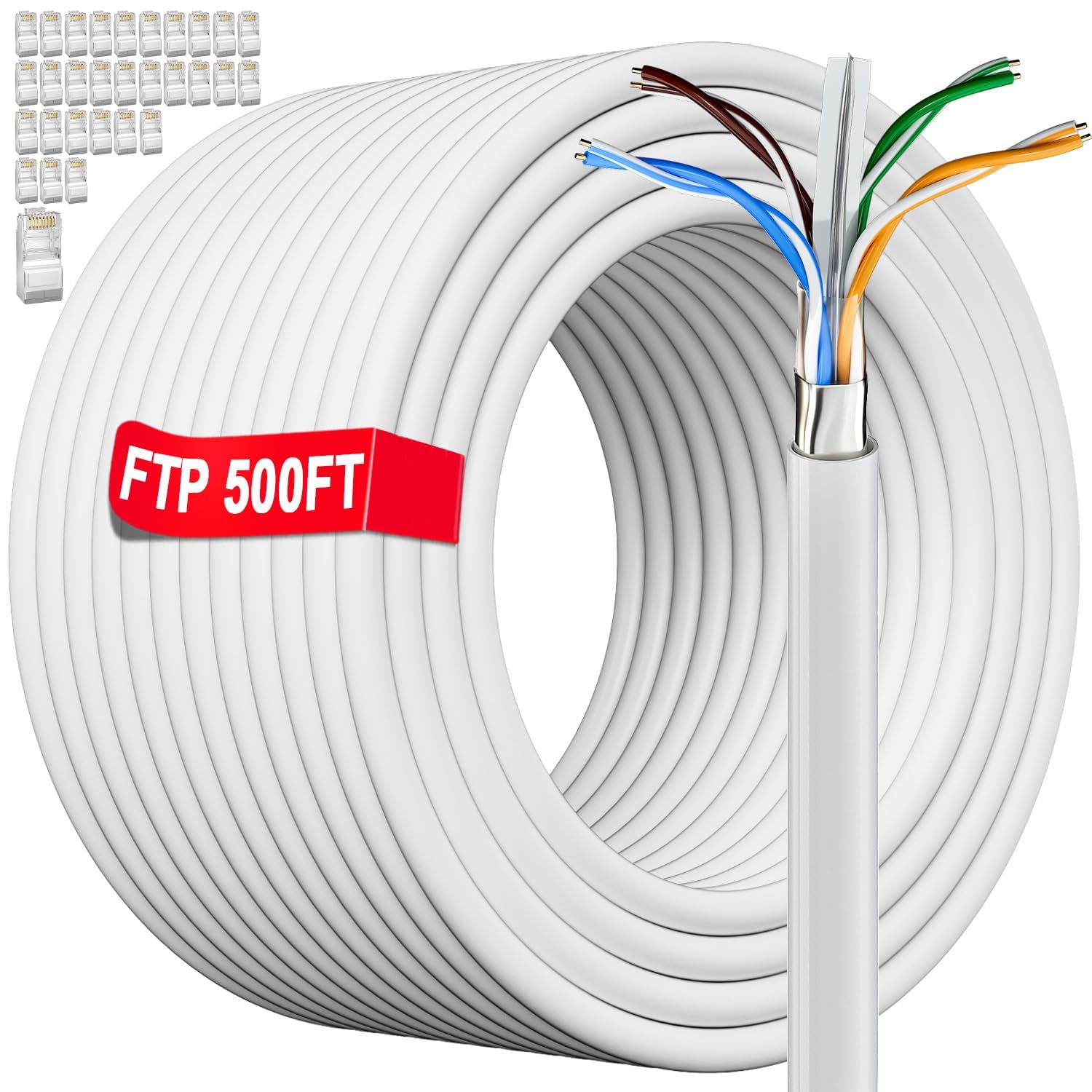 Cat 6 Outdoor Ethernet Cable 500ft Bulk (30 RJ45), Cat 6 FTP Shielded Ethernet Cables, Direct Burial, 23AWG, Heavy Duty, Waterproof, In-Ground, UV Resistant Cat6 Internet Cable for Router Gaming, CCA