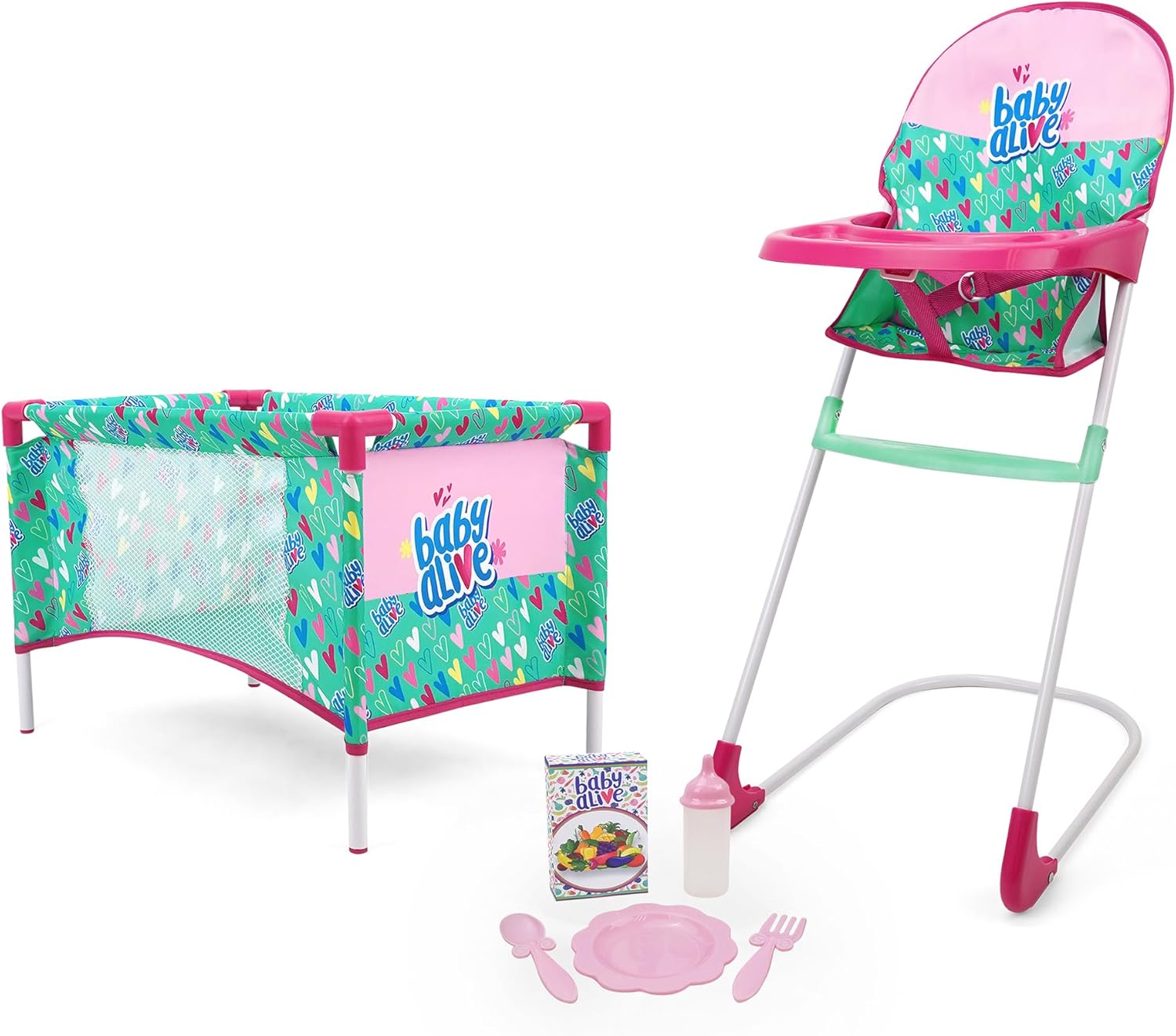 Baby Alive: at Home Set - 7pcs - Green, Pink, Hearts - Play Yard, Highchair, Feeding Accessories, Playset for Dolls Up to 18", Kids Toy, Ages 3+