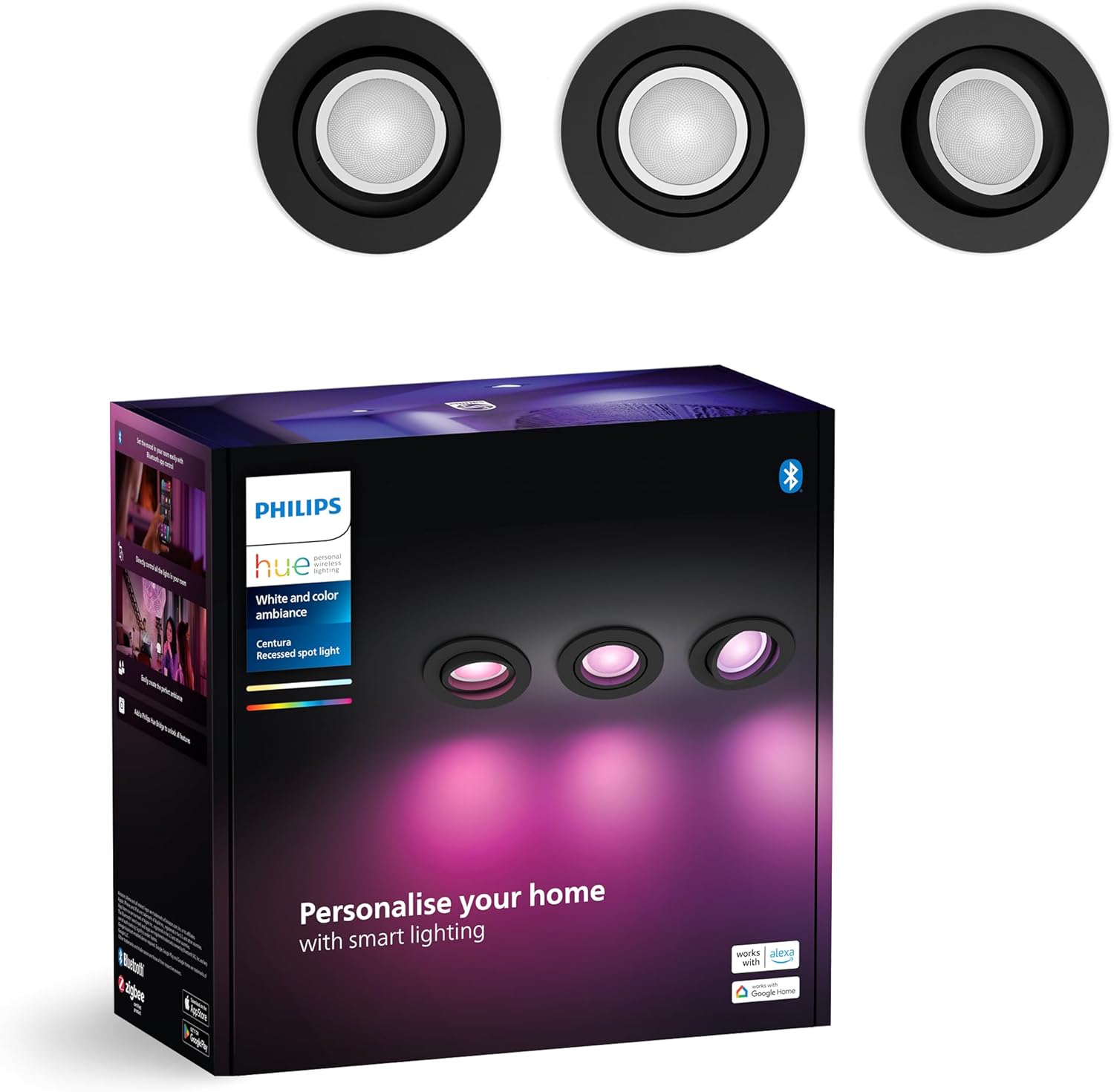 Philips Hue White & Color Ambiance Centura 3-Pack of Round downlights, dimmable Ceiling Lights for Hue Lighting System with 16 Million Colours, Intelligent Light Control via Voice and app, Black