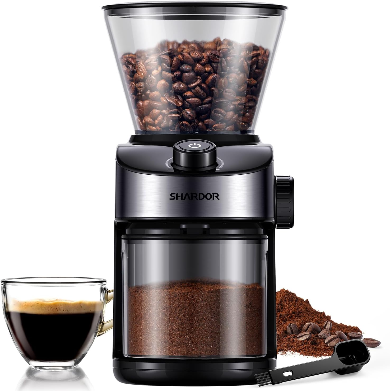 SHARDOR Coffee Grinder Burr Electric, 25 Precise Grind Setting, 40-Second Adjustable Timer, Chamber Cleaning Button, Designed for Espresso, Drip Coffee, and French Press, Black