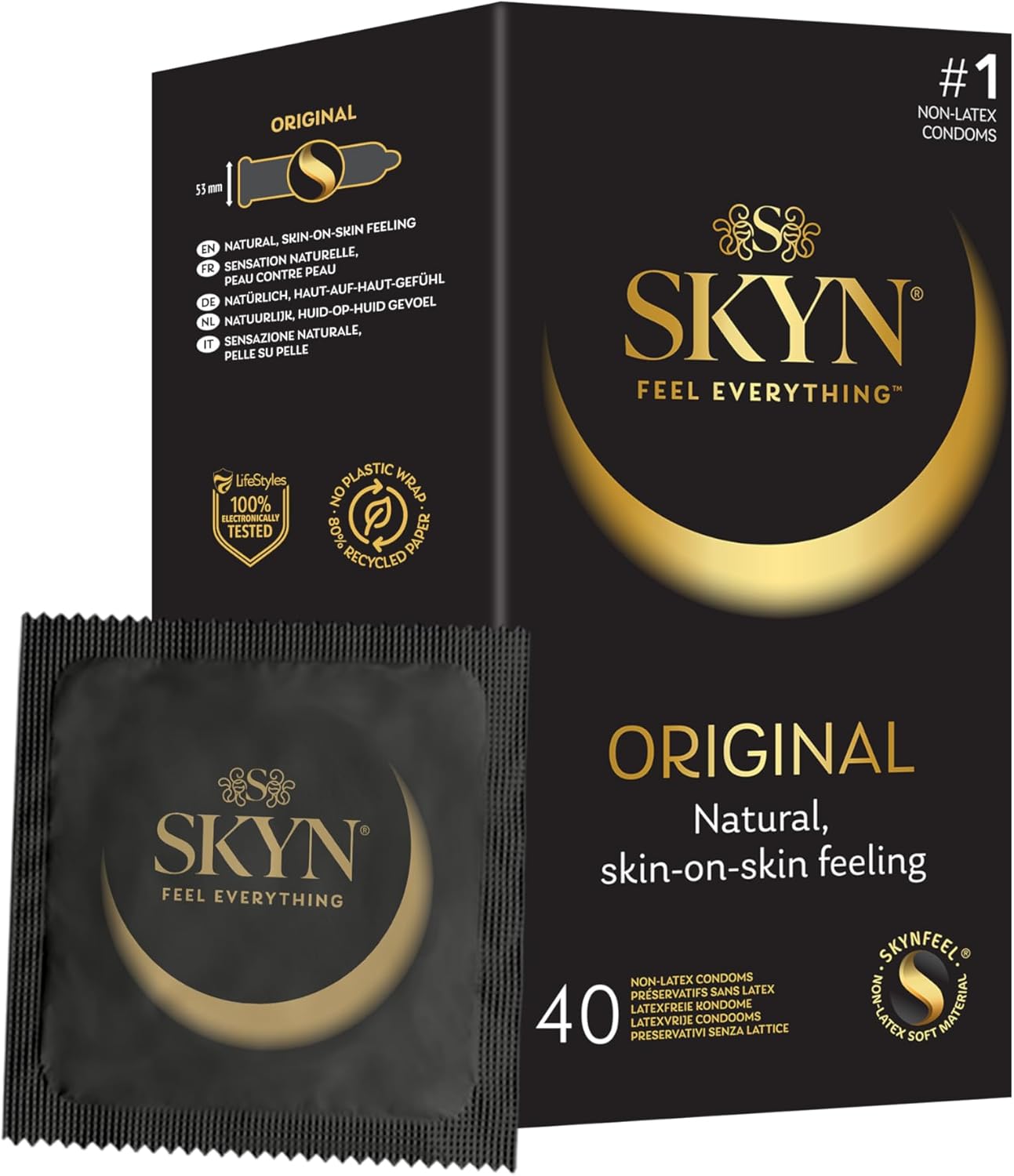 SKYN Original Condoms (40-Pack) - SKYNfeel Latex Free Condoms for Men, Regular Size, Strong & Thin, Smooth Straight Shape, Lubricated, 53mm Wide
