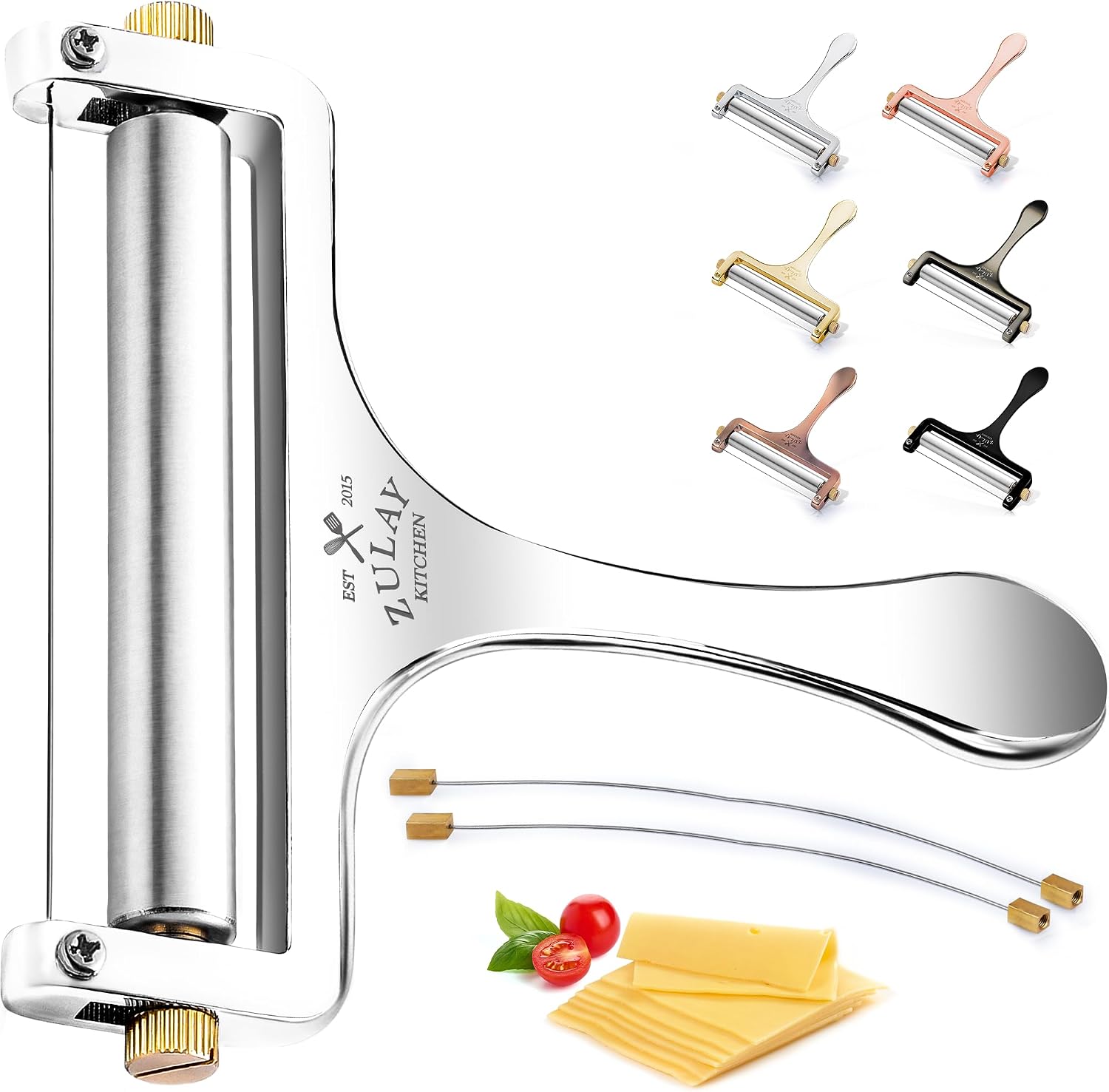 Zulay Cheese Slicer with Adjustable Thickness - Heavy Duty Stainless Steel Cheese Slicers with Wire - Premium Wire Cheese Slicer for Soft & Semi-Hard Cheeses - 2 Extra Wires Included (Silver)
