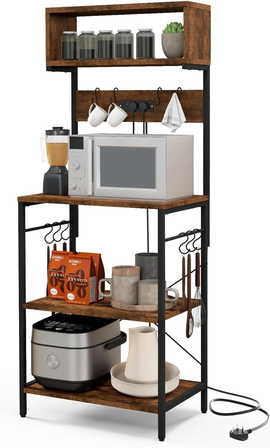 TANGZON 5 Tier Baker’s Rack with Power Outlets, Metal Frame Microwave Stand with Top Shelf, 10 Hooks & Anti-tipping Device, Utility Kitchen Shelves Organiser Coffee Bar Stand for Spices Pots Pans