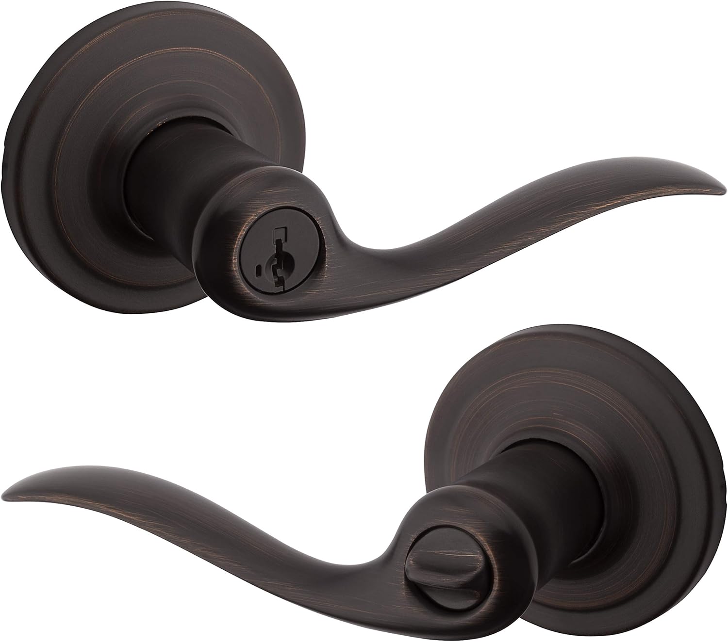 Kwikset Tustin Entry Door Handle with Lock and Key, Secure Keyed Reversible Lever Exterior, For Front Entrance and Bedrooms, Venetian Bronze, Pick Resistant Smartkey Rekey Security and Microban