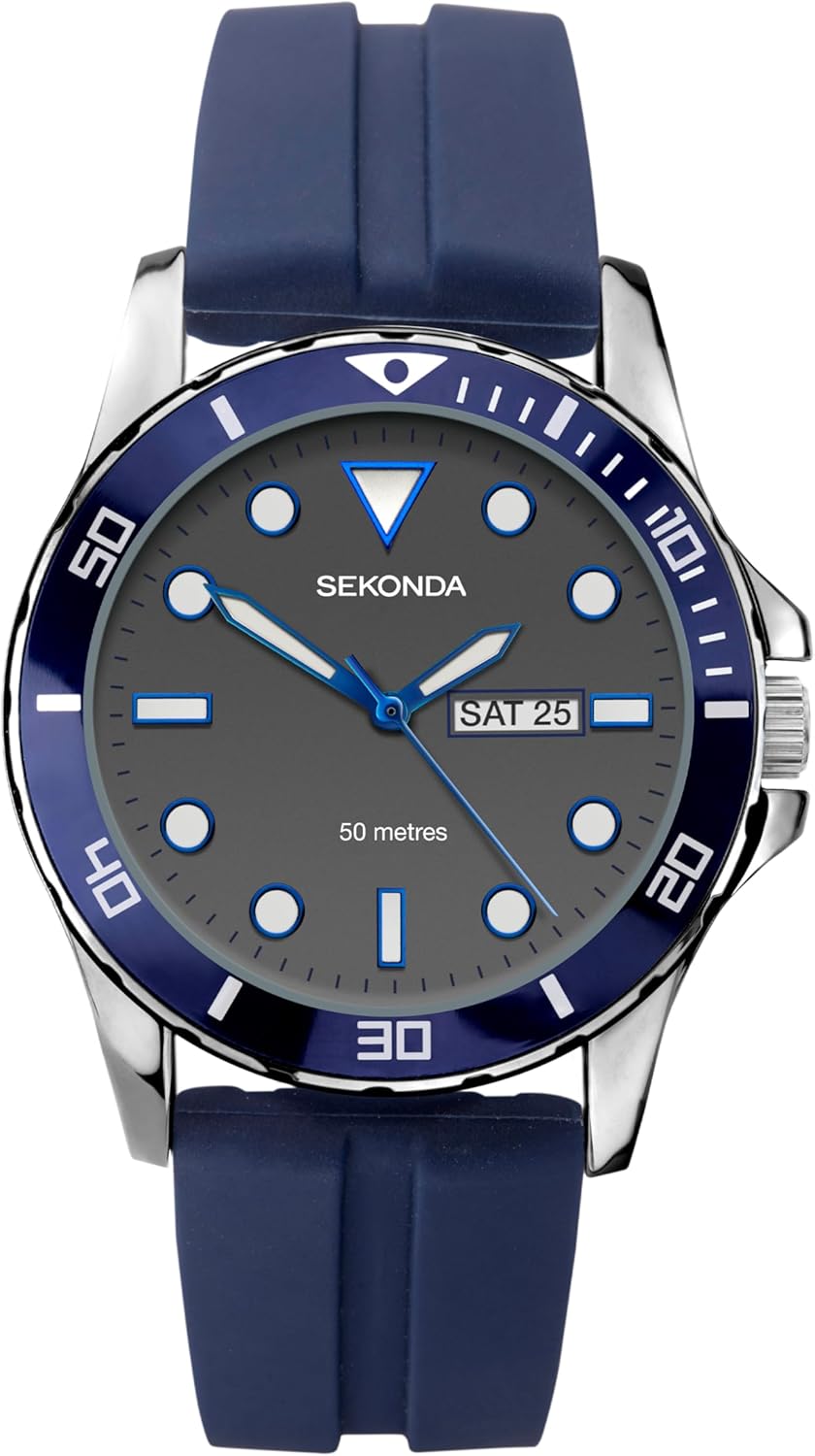 Sekonda Mens 43mm Balearic Analogue Sports Watch with Day Date Window Fixed Bezel Rubber Strap Water Resistant 50 metres