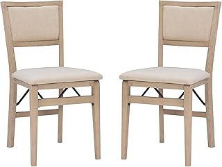 Linon Keira Wooden Folding Chair Upholstered Seat and Back Set of 2, Dining Height, Rustic Natural & Beige